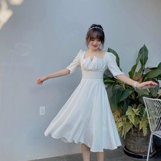 đầm trắng cổ vuông phối ngực đắp kèm mút ngực tay lỡ dáng xòe, đi chơi đi tiệc đi làm công sở, chất mát mẻ - minhi đầm
