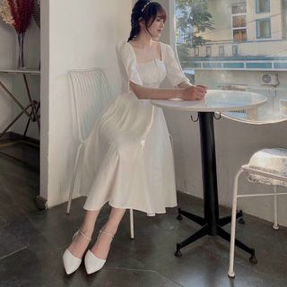 đầm trắng cổ vuông phối ngực đắp kèm mút ngực tay lỡ dáng xòe, đi chơi đi tiệc đi làm công sở, chất mát mẻ - minhi đầm