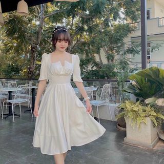 đầm trắng cổ vuông phối ngực đắp kèm mút ngực tay lỡ dáng xòe, đi chơi đi tiệc đi làm công sở, chất mát mẻ - minhi đầm