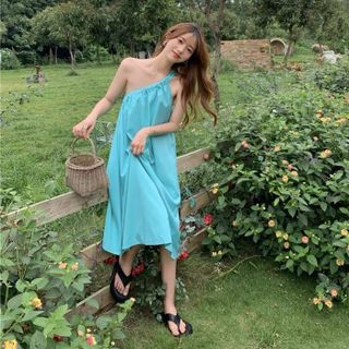 đầm suông maxi dài xanh mint lệch vai thiết kế đi tiệc đi dạo biển đi chơi chất vải thoáng mát - minhi