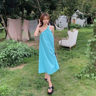 đầm suông maxi dài xanh mint lệch vai thiết kế đi tiệc đi dạo biển đi chơi chất vải thoáng mát - minhi