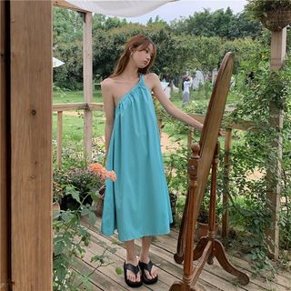 đầm suông maxi dài xanh mint lệch vai thiết kế đi tiệc đi dạo biển đi chơi chất vải thoáng mát - minhi