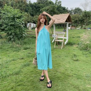 đầm suông maxi dài xanh mint lệch vai thiết kế đi tiệc đi dạo biển đi chơi chất vải thoáng mát - minhi