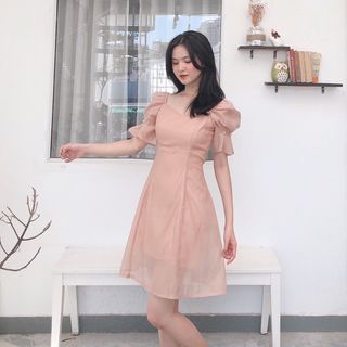 đầm váy thiết kế 2 màu trắng nude đẹp dự tiệc tay lỡ dáng xòe dễ mặc mát mẻ - minhi
