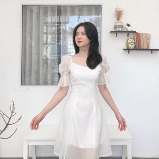 đầm váy thiết kế 2 màu trắng nude đẹp dự tiệc tay lỡ dáng xòe dễ mặc mát mẻ - minhi