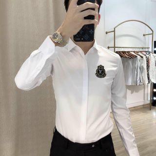 Áo sơ mi nam lịch lãm thêu logo tay dài trắng đen