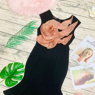 ĐẦM XÒE CỔ TIM TAY NGẮN PHỒNG ĐÍNH HOA HỒNG TRƯỚC NGỰC