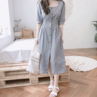ĐẦM XÁM CỔ VUÔNG TAY LỠ