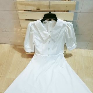 Đầm xòe trắng dự tiệc cổ bẻ đính nút sang trọng, dáng đẹp, giá rẻ GR186