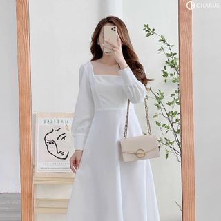 ĐẦM CỔ VUÔNG TAY DÀI 2 MÀU