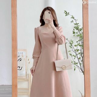 ĐẦM CỔ VUÔNG TAY DÀI 2 MÀU