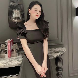 ĐẦM CỔ VUÔNG TAY XẾP LI 2 MÀU