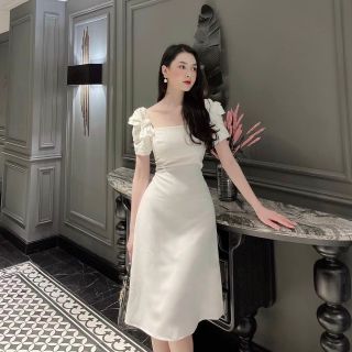 ĐẦM CỔ VUÔNG TAY XẾP LI 2 MÀU