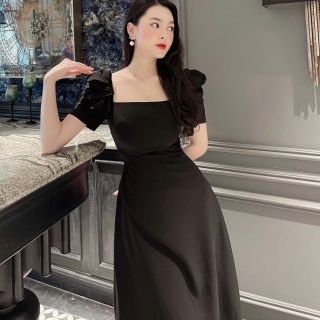 ĐẦM CỔ VUÔNG TAY XẾP LI 2 MÀU