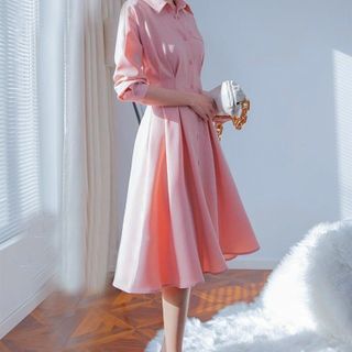 ĐẦM SƠ MI HỒNG XẾP LY EO