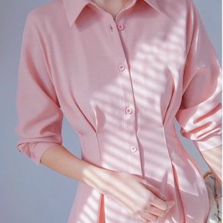 ĐẦM SƠ MI HỒNG XẾP LY EO