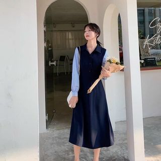 ĐẦM XANH ĐEN PHỐI SỌC TAY DÀI