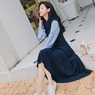 ĐẦM XANH ĐEN PHỐI SỌC TAY DÀI
