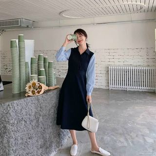 ĐẦM XANH ĐEN PHỐI SỌC TAY DÀI