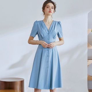 ĐẦM XANH CỔ V NÚT BỌC