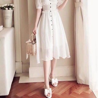 ĐẦM TRẮNG THUN EO NÚT ĐEN