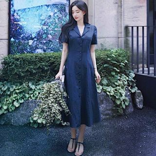 ĐẦM SƠ MI XANH ĐEN NÚT BỌC