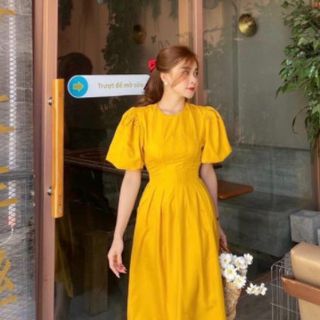 ĐẦM VÀNG CỔ TRÒN XẾP LI