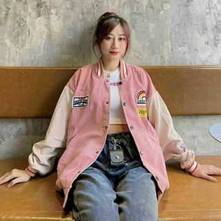 Áo khoác nhung kiểu bomber thêu logo DEEP END
