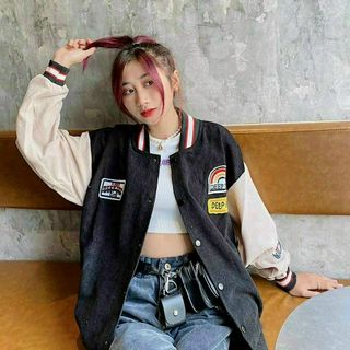 Áo khoác nhung kiểu bomber thêu logo DEEP END