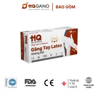 [1-Tặng-1] Găng Tay Latex Malaysia Hộp 100 cái HQGANO Không Bột, Dai-Dày-Chắc Chắn, Kháng Hóa Chất