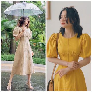 ĐẦM CỔ VIỀN SỌC NÂU 2 MÀU