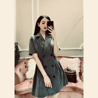 ĐẦM CỔ VEST XẾP LI EO 2 MÀU