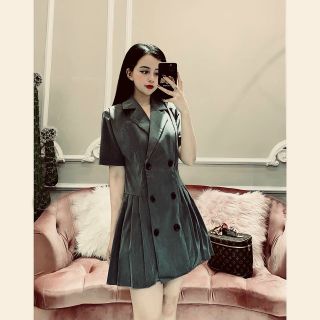 ĐẦM CỔ VEST XẾP LI EO 2 MÀU