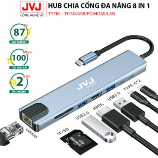 Hub USB Type-C JVJ C8 đa năng 8 trong 1, Cổng HDMI USB 3.0 SD TF LAN Gigabit RJ45 tốc độ truyền mạng 100Mbps BH 12 tháng giá sỉ