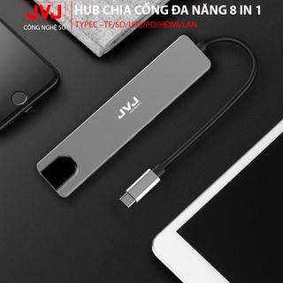 Hub USB Type-C JVJ C8 đa năng 8 trong 1, Cổng HDMI USB 3.0 SD TF LAN Gigabit RJ45 tốc độ truyền mạng 100Mbps BH 12 tháng