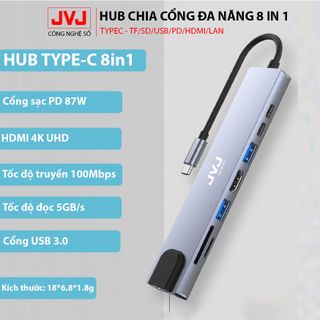 Hub USB Type-C JVJ C8 đa năng 8 trong 1, Cổng HDMI USB 3.0 SD TF LAN Gigabit RJ45 tốc độ truyền mạng 100Mbps BH 12 tháng
