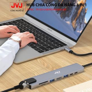 Hub USB Type-C JVJ C8 đa năng 8 trong 1, Cổng HDMI USB 3.0 SD TF LAN Gigabit RJ45 tốc độ truyền mạng 100Mbps BH 12 tháng