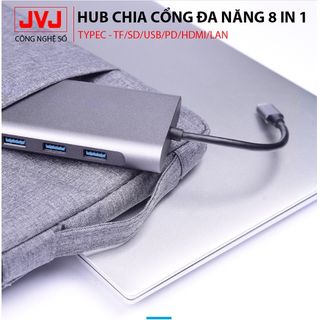Hub chuyển đổi Macbook JVJ C11 cổng TypeC 11in1 sáng HDMI 4K, VGA, USB - C 3.0, cổng lan RJ45, TypeC 3.5mm BH 12 tháng