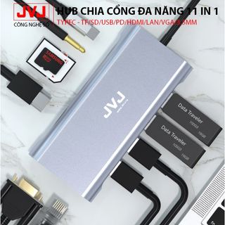 Hub chuyển đổi Macbook JVJ C11 cổng TypeC 11in1 sáng HDMI 4K, VGA, USB - C 3.0, cổng lan RJ45, TypeC 3.5mm BH 12 tháng