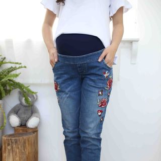 Quần Bầu Dài Jean Đậm Thêu Hoa