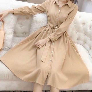 ĐẦM SƠ MI KEM TAY DÀI KÈM BELT