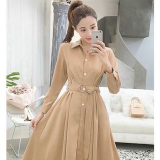 ĐẦM SƠ MI KEM TAY DÀI KÈM BELT