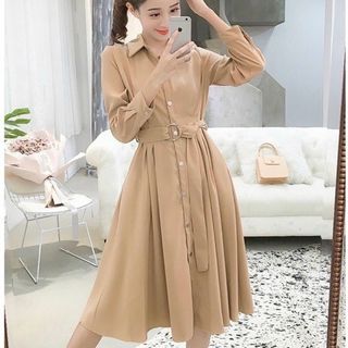 ĐẦM SƠ MI KEM TAY DÀI KÈM BELT