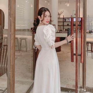 ĐẦM TRẮNG TAY RÚT NHÚNG EO