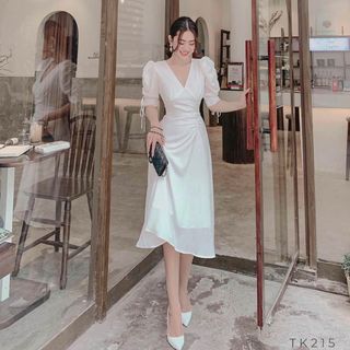 ĐẦM TRẮNG TAY RÚT NHÚNG EO