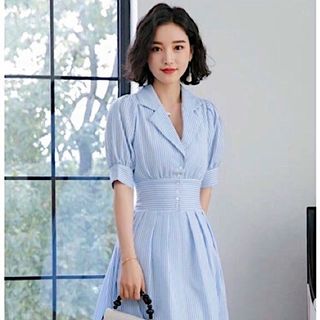 ĐẦM SƠ MI SỌC XANH BO EO