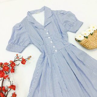 ĐẦM SƠ MI SỌC XANH BO EO