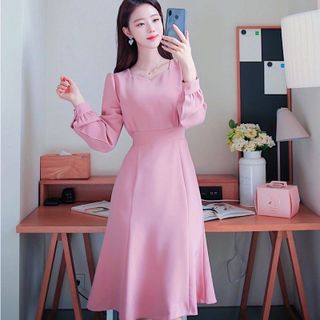 ĐẦM HỒNG CỔ V THẮT NƠ