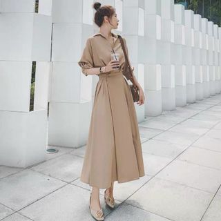 ĐẦM SƠ MI NÚT EO 2 MÀU