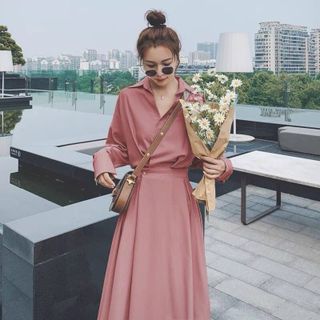 ĐẦM SƠ MI NÚT EO 2 MÀU